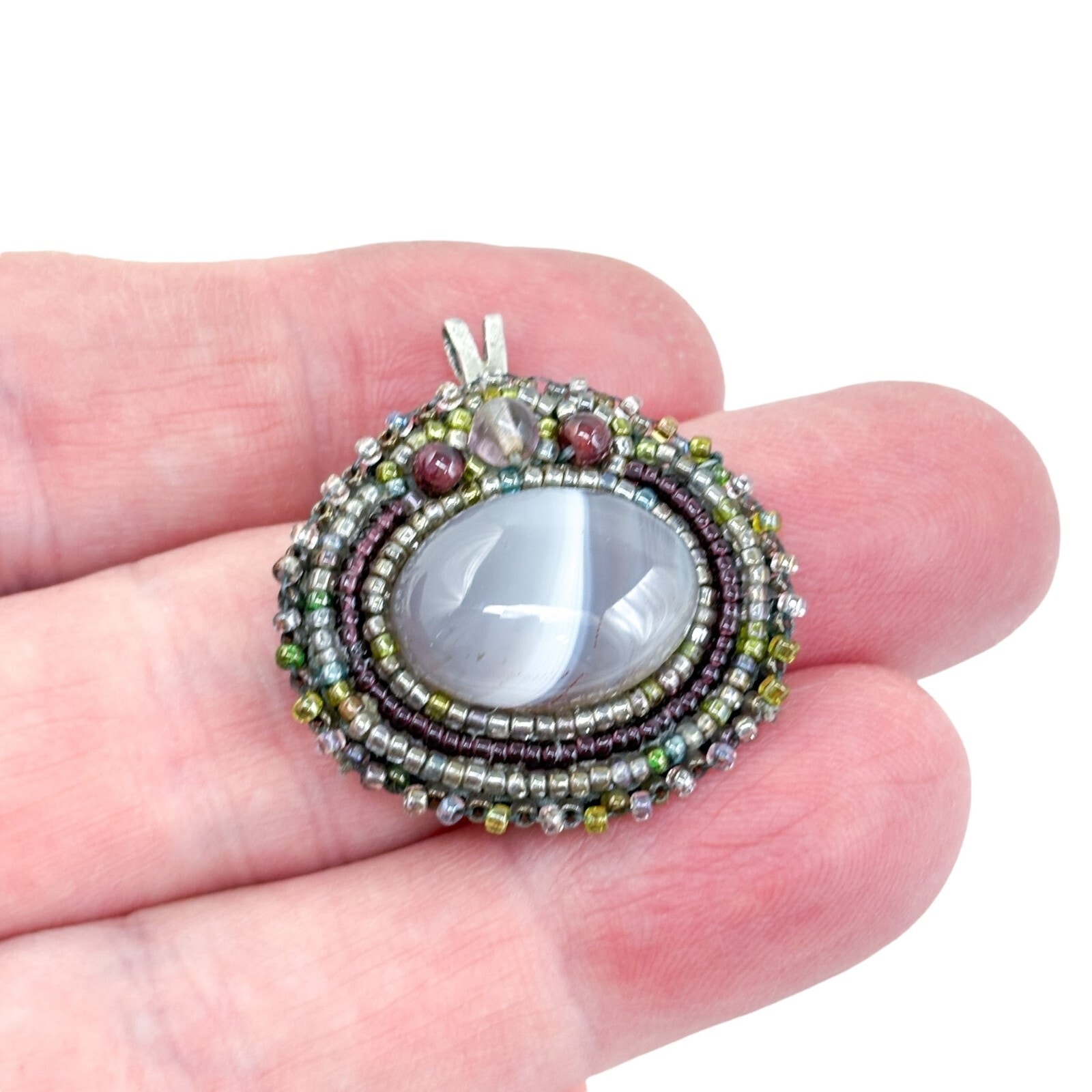 Vintage Sterling Silver 925 Agate And Glass Bead Felt Back Pendant
